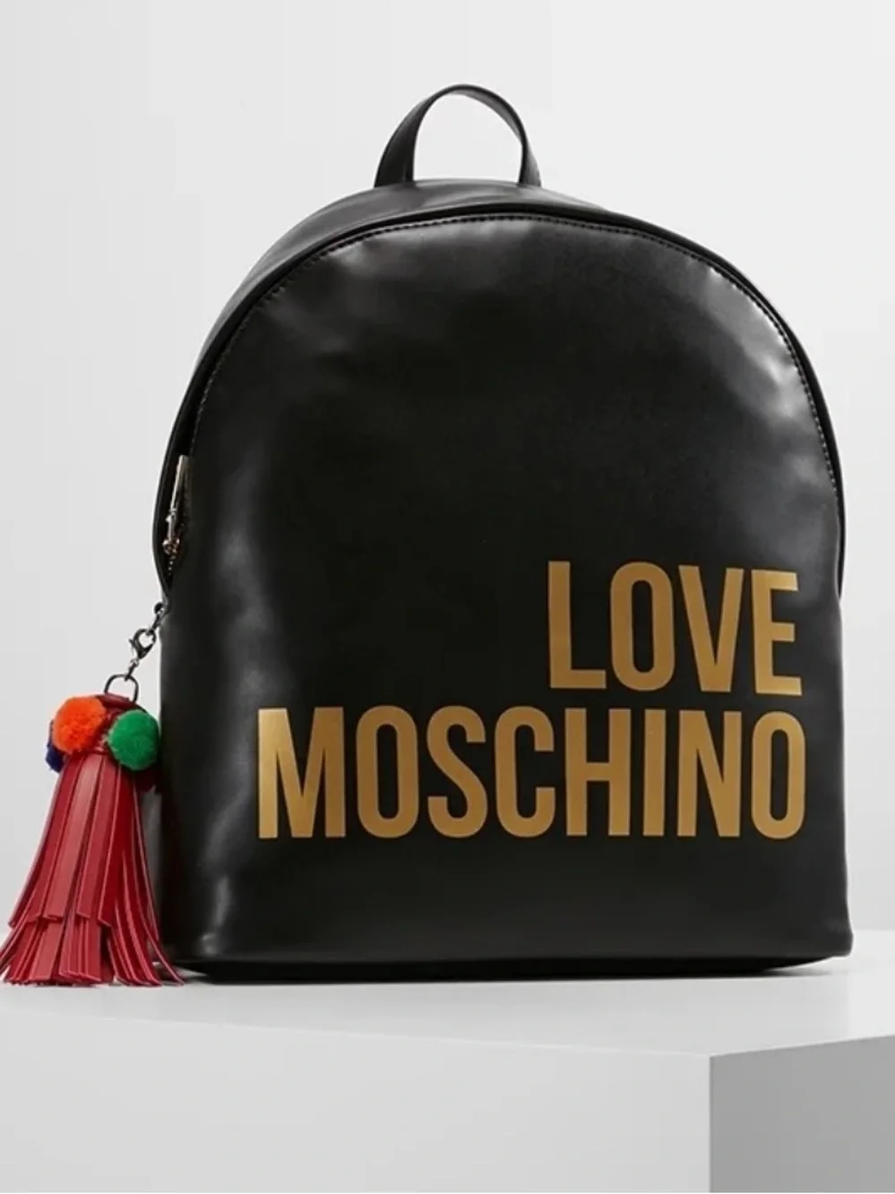 Love Moschino Black Backpack with Gold Logo and Red Tassel